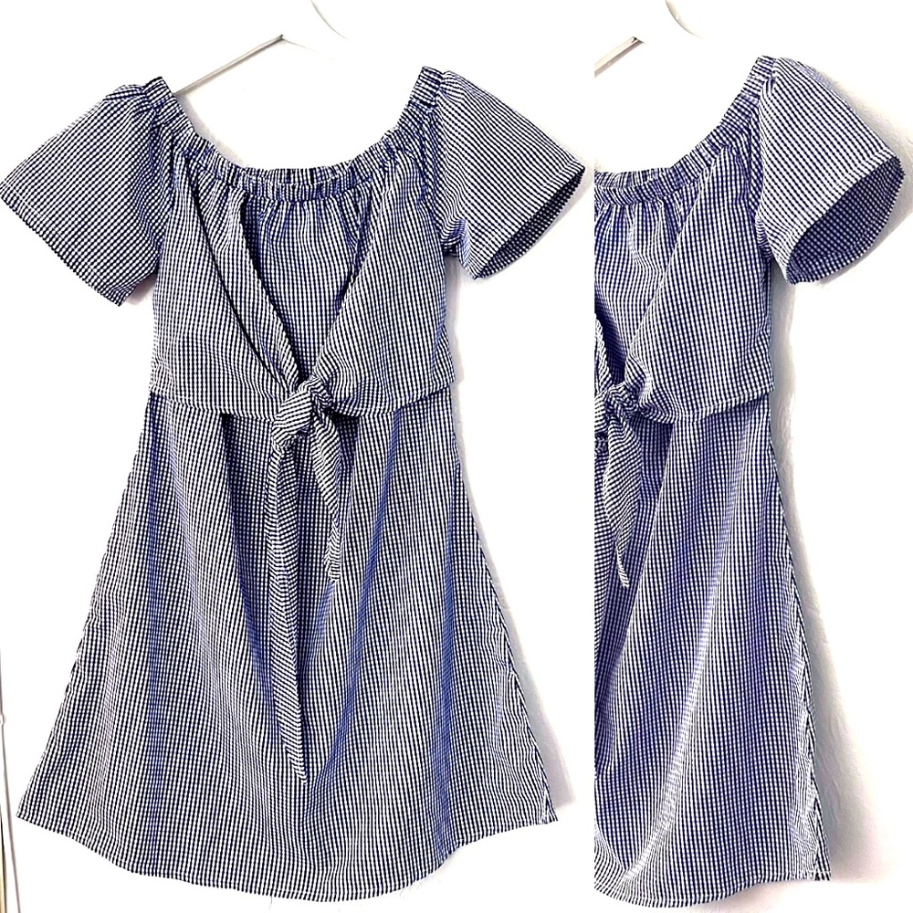 NWT Blue Gingham Wrap Bust Pouf Puff Sleeves Dress